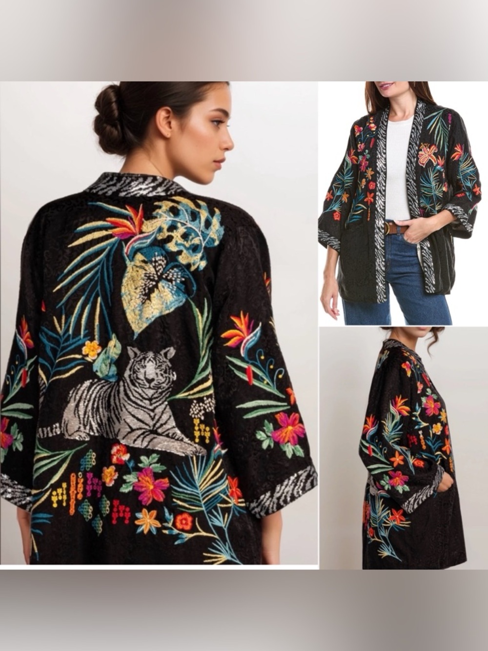 NEW Johnny Was Monica Kimono Sequin Tiger Floral Embroidery Black Jacquard Small